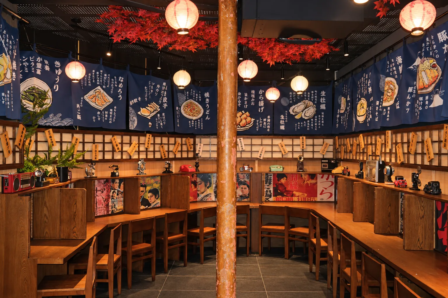 Comptoir sous les lanternes et les érables rouges, noren indigo illustrés